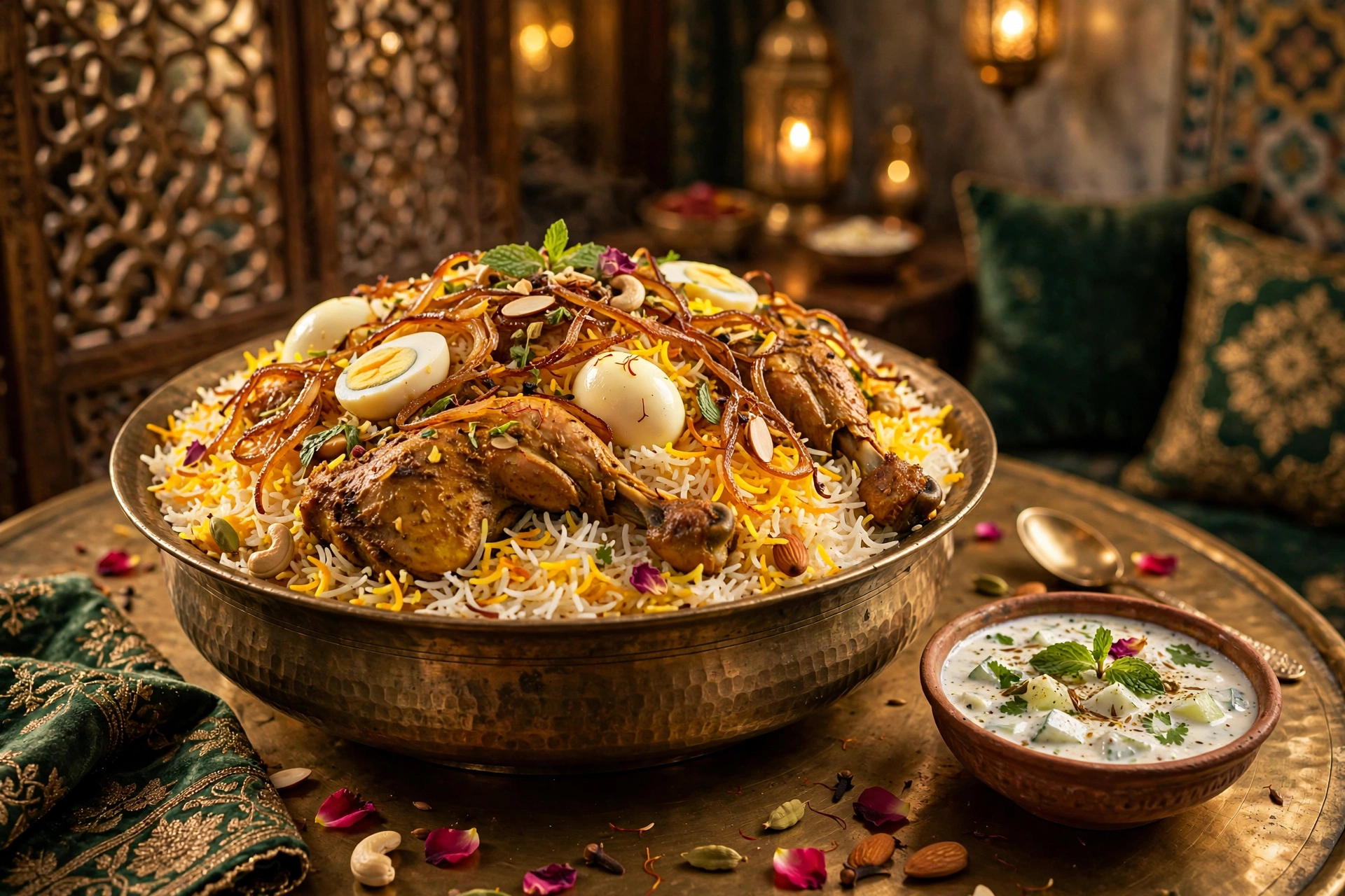 Royal biryani with raita on a brass table