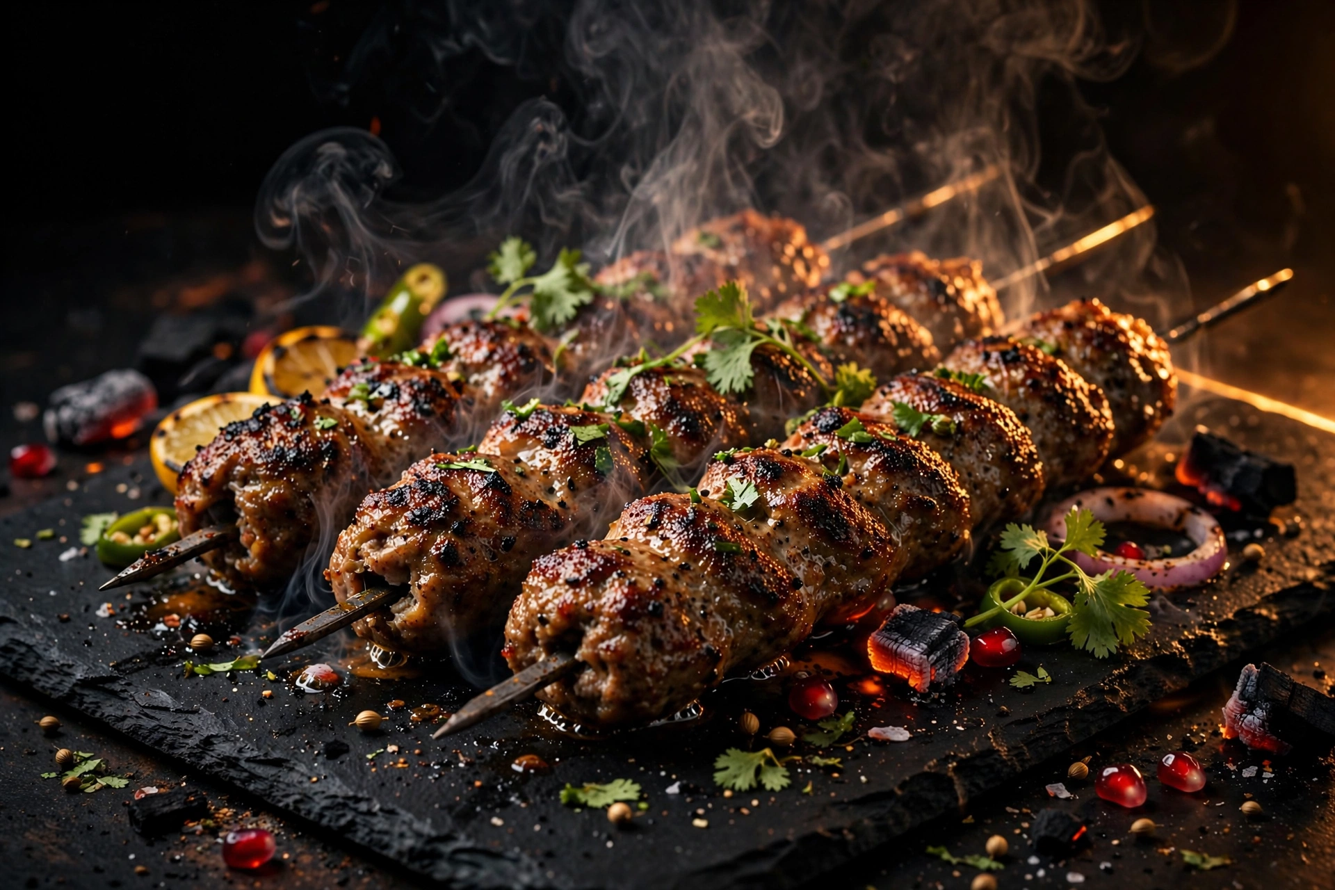 Smoking tandoori kebab platter over charcoal