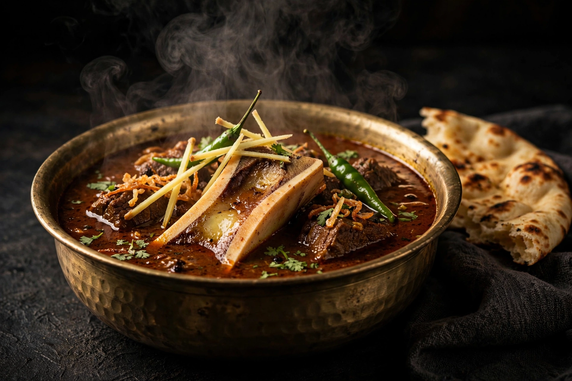 Chicken karahi-style rich gravy in brass with chilli and ginger